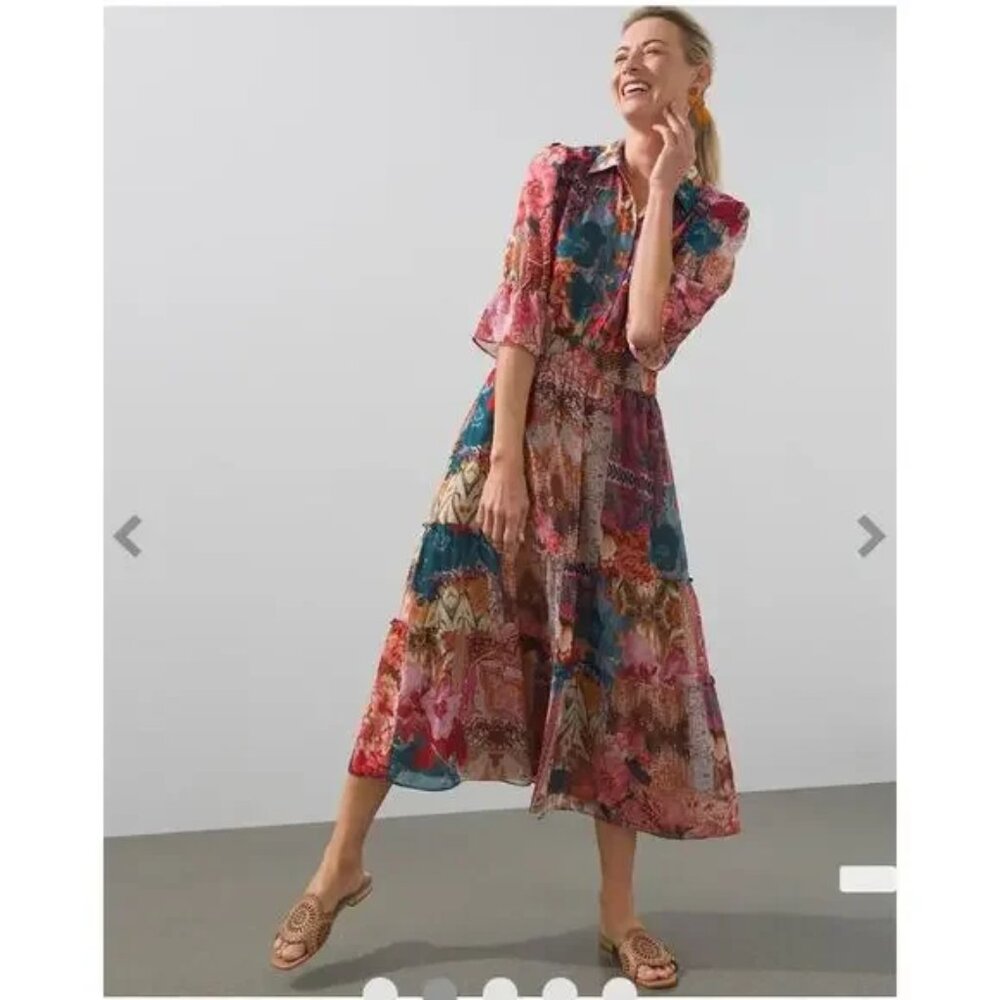 Chico's Tapestry Print Tiered Ruffled Shirt Dress Midi Boho Size 2 or 12